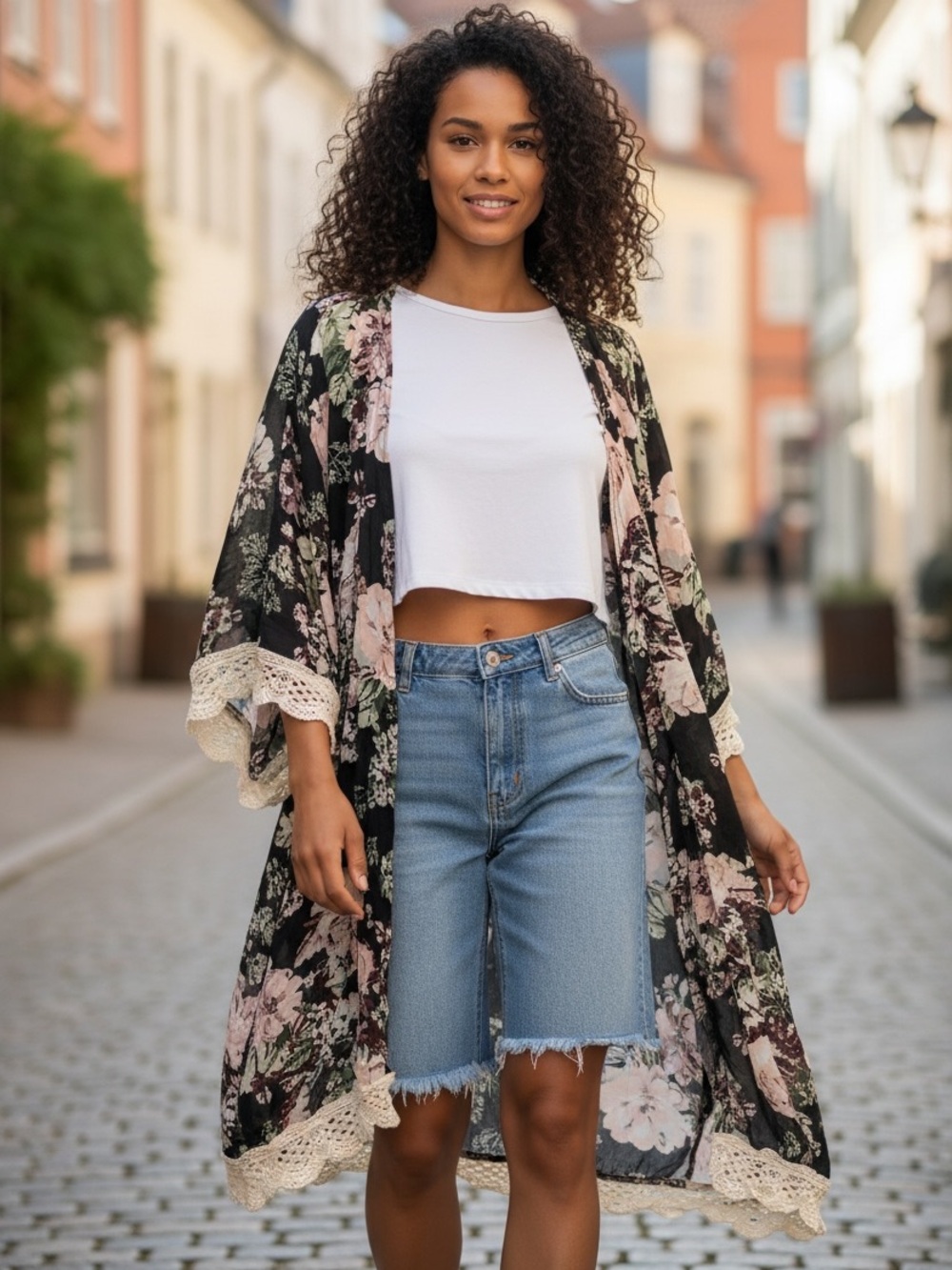 Liberty Love Black Floral Kimono with Pink and Green Accents